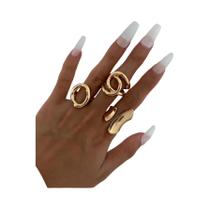 Conjunto De Anéis Redondos Oco Assimétricos Geométricos Retrô Punk Feminino 3 Peças Joias