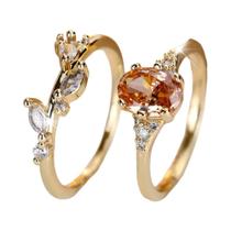 Conjunto De Anéis Vintage Em Ouro Com Pedra Oval Cristal Champanhe Folha De Árvore Para Mulheres