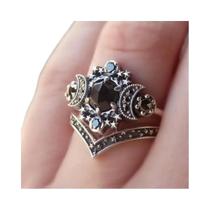 Conjunto De Anéis Vintage Gótico Feminino Com Lua E Pentagrama, Joias Pretas Para Festas E Halloween