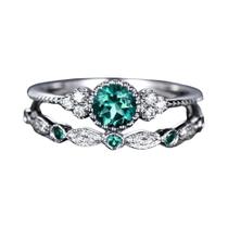 Conjunto De Anéis Vintage Prateados Com Zircônia Azul Para Mulheres, Joias Clássicas De Casamento