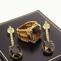 Conjunto De Anel E Brincos Com Pedras Fumée E Zirconias Banho De Ouro 18k 382 2492
