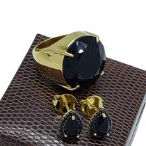 Conjunto De Anel E Brincos Com Pedras Gota Cravejada Banho De Ouro 18k 371 3748