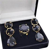 Conjunto De Anel E Brincos Com Pedras Negras Banho De Ouro 18k 371 1093