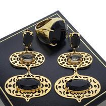 Conjunto De Anel E Brincos Com Pedras Negras Banho De Ouro 18k 371 1374 Conjunto De Anel E Brincos Com Pedras Negras Banho De Ouro 18k 371 1374