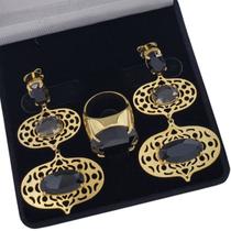 Conjunto De Anel E Brincos Com Pedras Negras Banho De Ouro 18k 377 1374