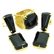 Conjunto De Anel E Brincos Com Pedras Negras Banho De Ouro 18k 382 1053