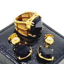 Conjunto De Anel E Brincos Com Pedras Negras Banho De Ouro 18k 382 1088