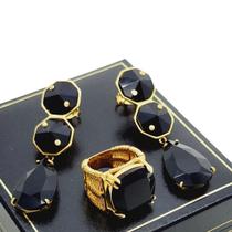 Conjunto De Anel E Brincos Com Pedras Negras Banho De Ouro 18k 382 1093