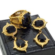 Conjunto De Anel E Brincos Com Pedras Negras Banho De Ouro 18k 382 1385