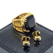 Conjunto De Anel E Brincos Com Pedras Negras Banho De Ouro 18k 382 1409