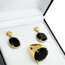 Conjunto De Anel E Brincos Com Pedras Negras Facetadas Banho De Ouro 18k 371 1088