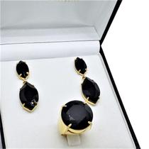 Conjunto De Anel E Brincos Com Pedras Negras Facetadas Banho De Ouro 18k 377 1059 Conjunto De Anel E Brincos Com Pedras Negras Facetadas Banho De Ouro 18k 377 1059