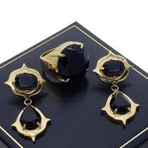 Conjunto de Anel E Brincos Com Pedras Negras Lapidadas Banho De Ouro 18k 371 1385