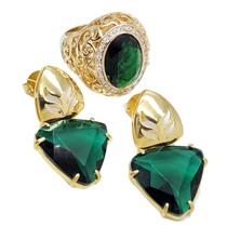 Conjunto De Anel E Brincos Com Pedras Verde E Zirconias Banho De Ouro 18k 398 4174