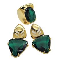 Conjunto De Anel E Brincos Com Pedras Verde Esmeralda Banho De Ouro 18k 398 1068
