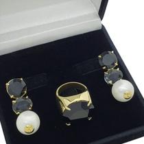Conjunto de Anel E Brincos Com Pérolas E Pedras Banho De Ouro 18k 377 722