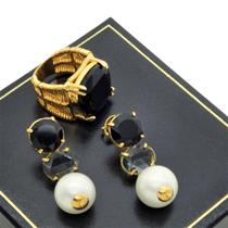 Conjunto De Anel E Brincos Com Pérolas E Pedras Banho De Ouro 18k 382 722