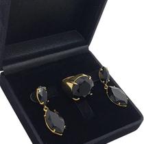 Conjunto De Anel E Brincos Negros Facetados Banho De Ouro 18k 371 1059