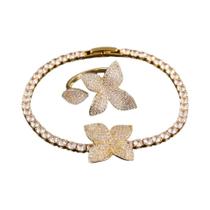 Conjunto De Anel E Pulseira De Luxo Feminino Com Zircônia Em Formato De Folha E Flor, Joias Para Conjunto De Anel E Pulseira De Luxo Feminino Com Zircônia Em Formato De Folha E Flor, Joias Para