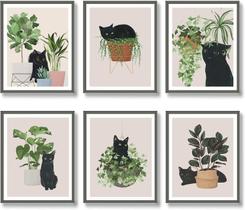 Conjunto de arte de parede LOARTVE 6 peças Cute Black Cat Botanical 20x25cm
