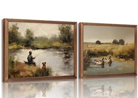 Conjunto de arte de parede ZDMBCY Vintage Rustic Boy Fishing Mallard Duck