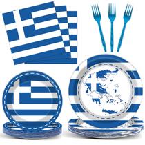 Conjunto de artigos de festa com bandeira grega, pratos e guardanapos da Grécia Conjunto de artigos de festa com bandeira grega, pratos e guardanapos da Grécia