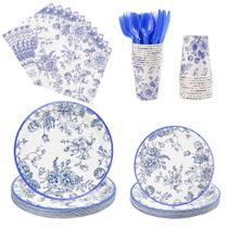 Conjunto de artigos de festa Elyxio, 175 unidades, azul floral, para 25 convidados