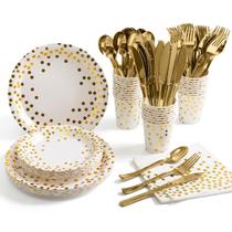 Conjunto de artigos de festa HOMIX Gold serve 25 porções com pratos, copos e guardanapos Conjunto de artigos de festa HOMIX Gold serve 25 porções com pratos, copos e guardanapos