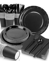 Conjunto de artigos de festa Lzerking Black 224 peças para 32 convidados Conjunto de artigos de festa Lzerking Black 224 peças para 32 convidados
