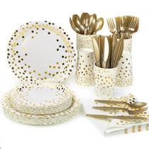 Conjunto de artigos de festa Lzerking branco/dourado 280 peças para 40 convidados Conjunto de artigos de festa Lzerking branco/dourado 280 peças para 40 convidados