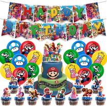 Conjunto de artigos de festa Mario Birthday com Banner Cake Topper
