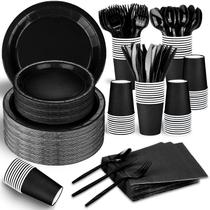 Conjunto de artigos de festa TWOWYHI Black com pratos, copos e guardanapos 30G Conjunto de artigos de festa TWOWYHI Black com pratos, copos e guardanapos 30G