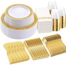 Conjunto de artigos de festa WELLIFE, 210 unidades de louça de plástico dourado