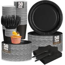 Conjunto de artigos para festas CENLBJ: pratos de papel preto, guardanapos, copos 50