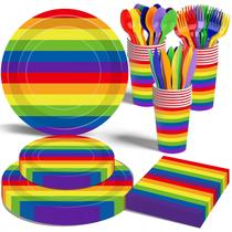 Conjunto de artigos para festas Jremreo Rainbow Stripes 175 unidades - 25 porções Conjunto de artigos para festas Jremreo Rainbow Stripes 175 unidades - 25 porções