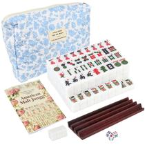 Conjunto de Azulejos de Mahjong Americano de Viagem AurAlchemy 166 Peças, Mini Azulejos de Mahjong de 0,8 polegada, 4 Suportes de Madeira, Bolsa Floral, 3 Dados e Guia para Iniciantes, Conjunto Completo e Portátil