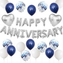 Conjunto de balões Adorely Happy Anniversary Blue Silver Hearts