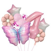 Conjunto de balões com tema de borboletas e flores com papel alumínio número 4 x 10