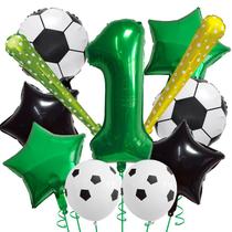 Conjunto de balões com tema de futebol, 11 unidades com balão de alumínio verde número 1