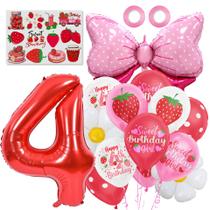 Conjunto de balões com tema de morango com papel alumínio número 4 para aniversário