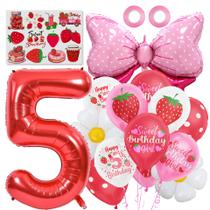 Conjunto de balões de aniversário com tema de morango com papel alumínio número 5, 14 unidades