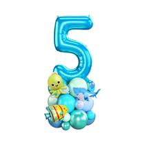 Conjunto de balões de aniversário de animais subaquáticos azuis - Animal marinho com balão numérico