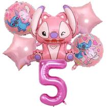 Conjunto De Balões De Folha Rosa Angel Lilo Stitch 6 Peças Decorações Para Festa De Aniversário