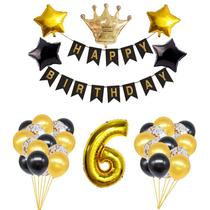 Conjunto de balões em folha preta e dourada, 32 polegadas, número 6, 25 unidades