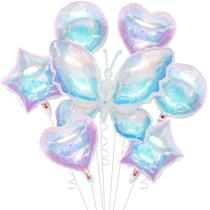 Conjunto de balões, folha de borboleta iridescente, 7 unidades com estrela de coração redonda Conjunto de balões, folha de borboleta iridescente, 7 unidades com estrela de coração redonda