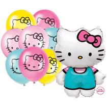 Conjunto de Balões Hello Kitty - 25cm + 8 Balões de 30cm com Adesivos de Aniversário