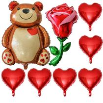 Conjunto de balões Lovoir Red Heart Shape Foil de 18 polegadas com urso e rosa
