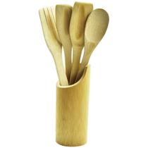 Conjunto de bambu 5 peças com porta utensílios para cozinha