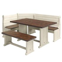 Conjunto de Bancos com Mesa em Madeira Maciça Branco Envelhecido Conjunto de Bancos com Mesa em Madeira Maciça Branco Envelhecido