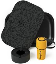 Conjunto de bandejas rolantes cinza oval preto com tampa magnética 18x13cm